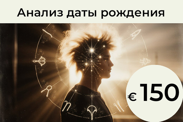 Анализ даты рождения: Мой метод анализа вашей даты рождения сочетает нумерологию, астрологию и выбранные элементы других систем расчёта. Такой подход позволяет получить глубокое и всестороннее понимание ваших сильных и слабых сторон, а также внутренних страхов, которым в вашей жизни требуется особое внимание. Мы также рассматриваем, как вас воспринимают окружающие и как вы видите себя сами. Вы узнаете, чему вам предстоит научиться и что необходимо преодолеть, какие сферы жизни подходят вам лучше всего и куда направлена ваша основная энергия, чтобы помочь вам пройти ваши кармические уроки. / 150 €